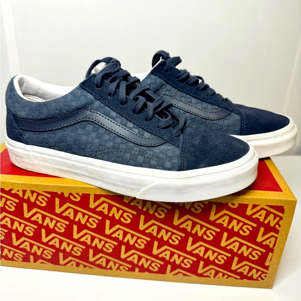 Old Skool Vans Navy blue suede embossed mini check skater shoes Sz 7 with box
